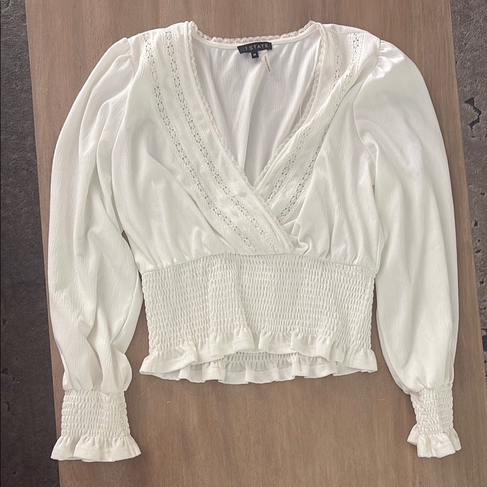 White Lace Trim Smocked Top